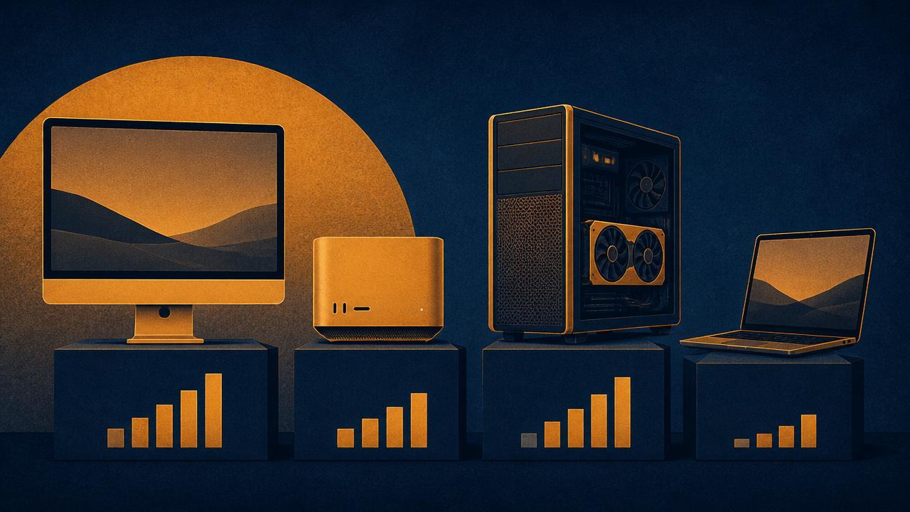Editorial duotone illustration of four consumer AI hardware tiers — unified-memory studio desktop, prosumer workstation, high-bandwidth GPU tower, and repurposed laptop — each with comparative bandwidth bars.